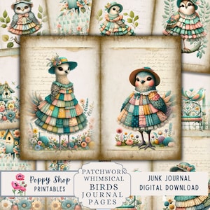 Bird Junk Journal, Patchwork, Whimsical, Birds, Junk Journal Kit, Printable, Paper, Ephemera, Collage Sheet, Journal Pages, Paper Craft