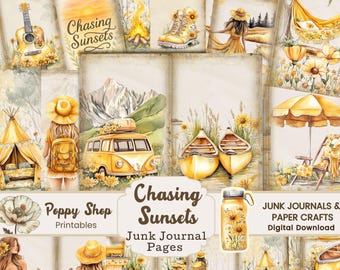 May include: A set of digital printable junk journal pages featuring a yellow and white color scheme with images of a camper van, mountains, a tent, a campfire, a canoe, a sunflower, a guitar, and a water bottle. The text "Chasing Sunsets" is featured on the pages.