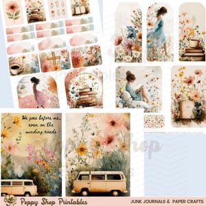 May include: A collection of watercolor-style junk journal and paper craft elements. The designs feature floral arrangements, illustrations of women, books, and a vintage van. The text "He goes before me, even on the winding roads" is visible.