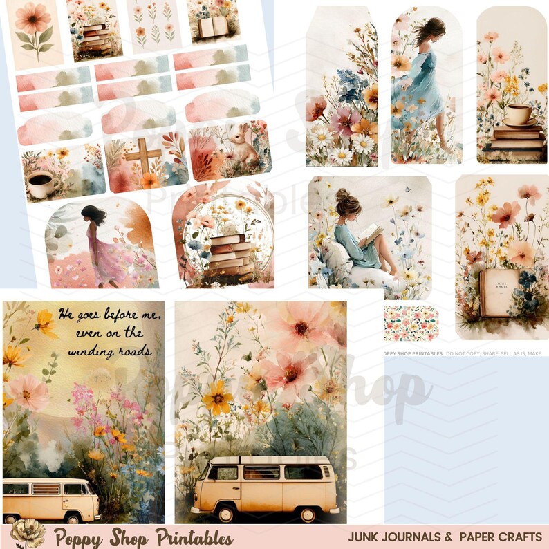 May include: A collection of watercolor-style junk journal and paper craft elements. The designs feature floral arrangements, illustrations of women, books, and a vintage van. The text "He goes before me, even on the winding roads" is visible.