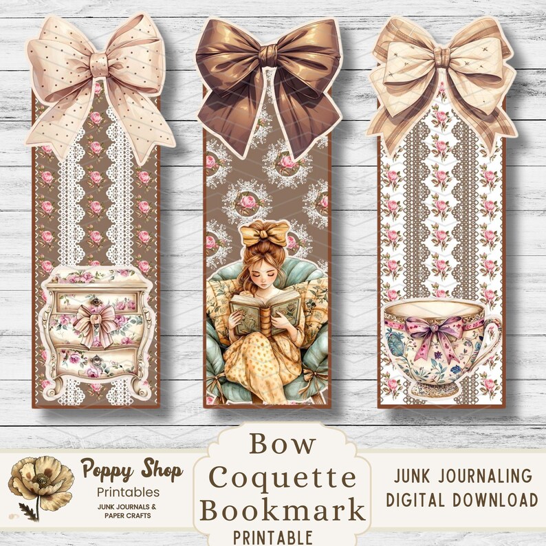 May include: Three printable bookmark designs featuring a brown, beige, and pink bow with a vintage floral pattern. The center bookmark features a girl reading a book in a chair. The text "Bow Coquette Bookmark Printable" is at the bottom of the image.