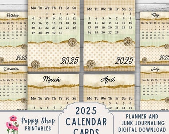 2025 Calendar Cards, Neutral, Monthly Calendar, Bookmark, Printable. Planner, Junk Journal, Planner Inserts, Ephemera, Digital Download