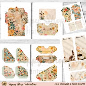 May include: A collection of printable junk journal and paper craft elements. The designs feature floral patterns in shades of orange, yellow, pink, and green. Includes envelopes, tags, pockets, and prayer list pages. The text "Poppy Shop Printables" is visible.