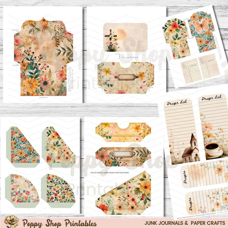 May include: A collection of printable junk journal and paper craft elements. The designs feature floral patterns in shades of orange, yellow, pink, and green. Includes envelopes, tags, pockets, and prayer list pages. The text "Poppy Shop Printables" is visible.