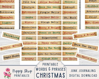 Tiras de palabras y frases navideñas, frases navideñas, etiquetas de palabras de diario basura, vintage, adorno de diario, imprimible, efímera, descargar