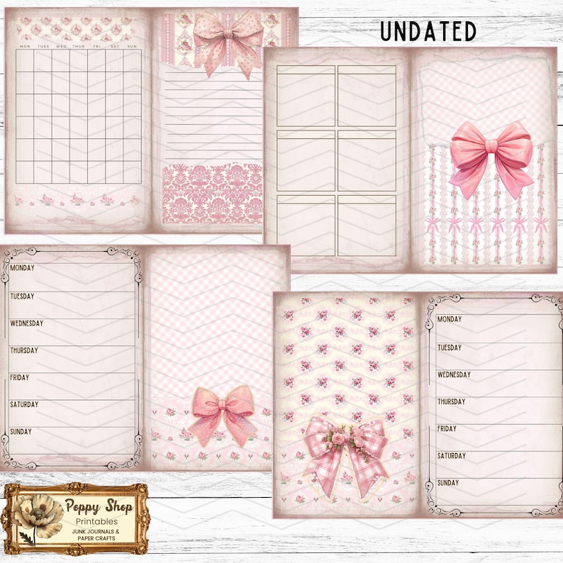 May include: Printable planner pages with a pink and white floral pattern. The pages include a calendar, a weekly planner, and a notes section. The pages are decorated with pink bows and the text "UNDATED".