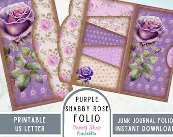 May include: Printable folio for junk journaling with a purple shabby rose theme. The folio is designed to fit US letter size paper. The image shows the front and back covers of the folio, which feature a variety of floral patterns and designs.