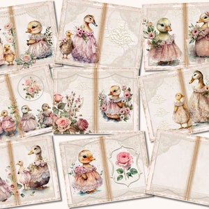 May include: A set of 10 digital scrapbook paper designs featuring cute ducks wearing pink dresses and floral accents. The papers have a vintage, shabby chic aesthetic with lace and pearl details.