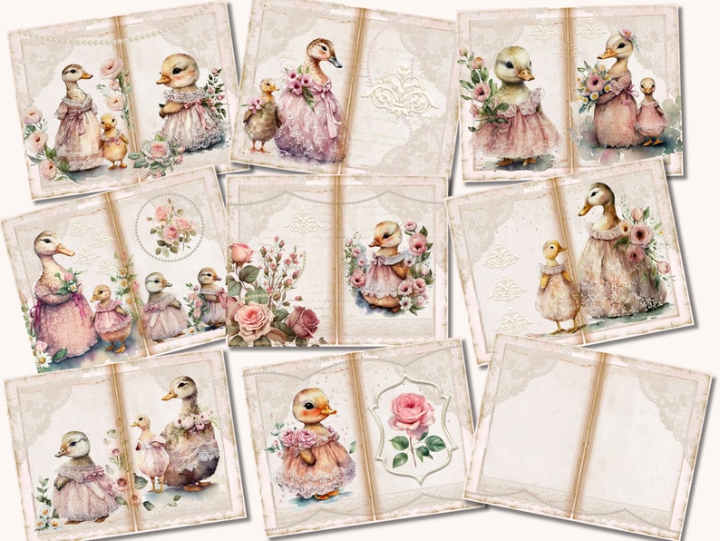 May include: A set of 10 digital scrapbook paper designs featuring cute ducks wearing pink dresses and floral accents. The papers have a vintage, shabby chic aesthetic with lace and pearl details.