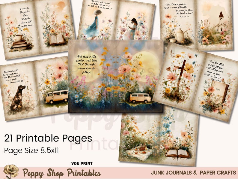 May include: A collection of 21 printable pages for junk journals and paper crafts. The pages feature watercolor illustrations of flowers, a vintage van, and religious quotes. The page size is 8.5x11 inches.
