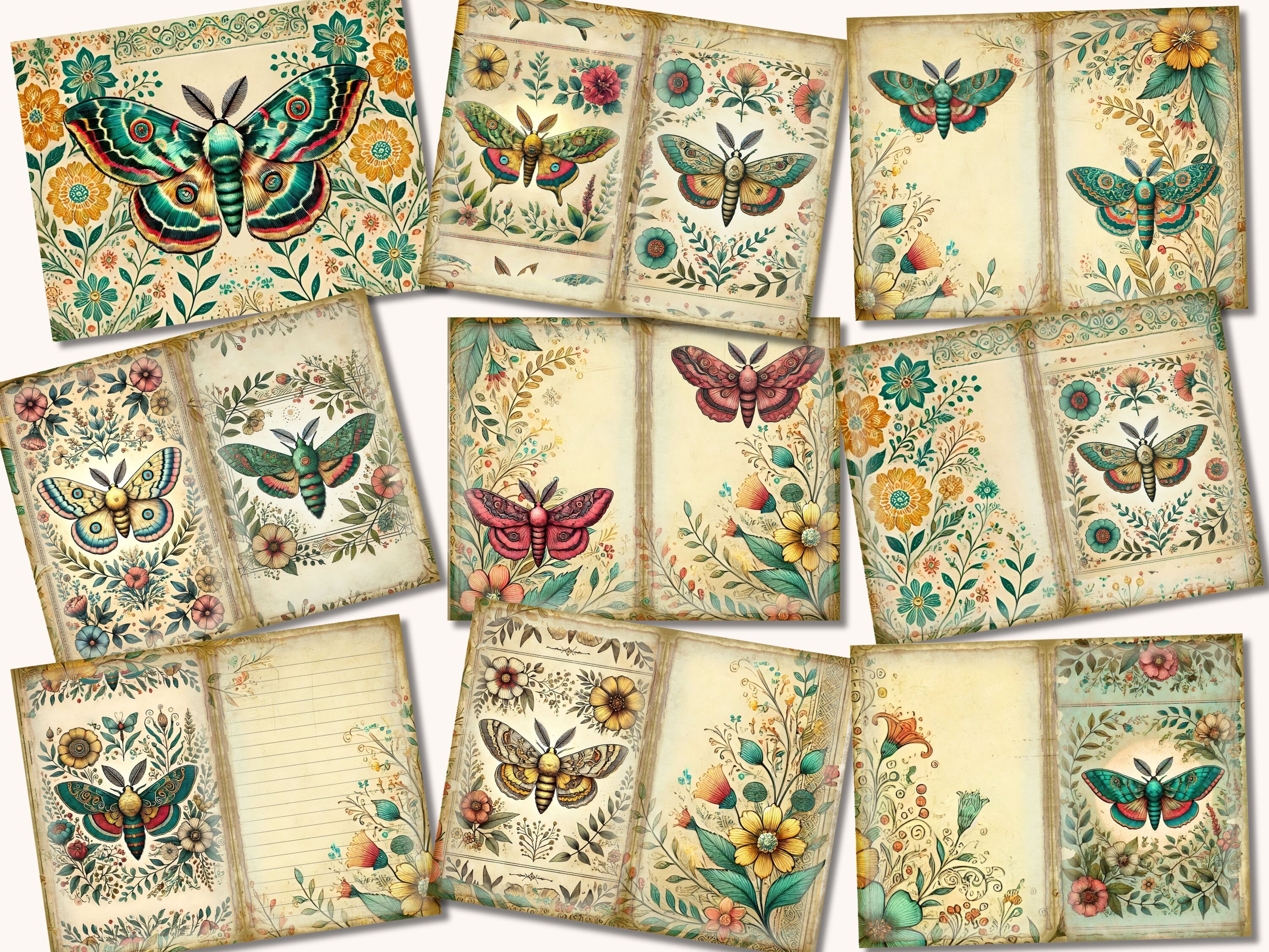 Moth Junk Journal Kit, Floral, Journal Pages, Printable Lunar Moth ...