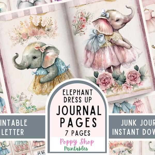 Elephant Junk Journal, Elephant, Junk Journal Pages, Vintage Elephant, Girl, Baby, Cute, Junk Journal Kit, Printable, Tags, Digital Download