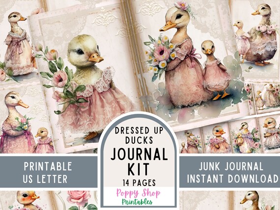 Ducks Junk Journal Kit, Vintage, Ducks in Dresses, Journal Pages, Junk Journal, Shabby, Ducks Ephemera, Cute, Printable, Scrapbook, Download