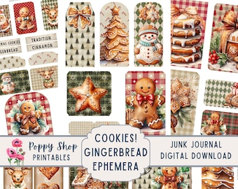 Gingerbread Cookie Ephemera, Christmas Cookies, Gingerbread Boy, Junk Journal Kit, Gingerbread House, Printable, Tags, Scrapbook, Download