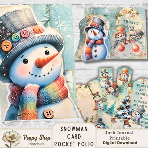 Pasta de bolso para cartão de boneco de neve, kit de pasta para impressão, boneco de neve, inverno, pasta de diário de lixo, pasta de bolso dobrável, porta-cartão de presente, para impressão, faça você mesmo