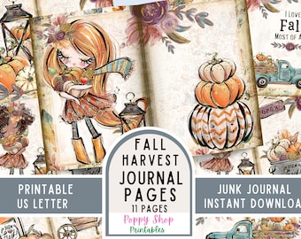 Fall Junk Journal Pages, Fall Harvest, Girls, Journal Insert Pages, Cute, Autumn Junk Journal, Printable Journal, Pumpkins, Digital Download