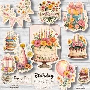Objets difficiles, Découpes difficiles d'anniversaire, Gâteau, Papier journal indésirable, Éphémères imprimables, Collage, découpage, Stickers d'anniversaire, Scrapbooking, Fabrication de cartes