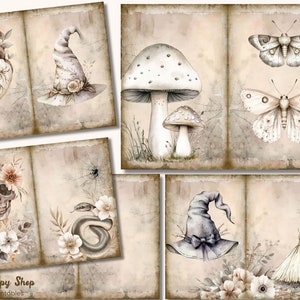Peut inclure: Un ensemble de six papiers num&eacute;riques imprimables avec des illustrations de style vintage d'un chapeau de sorci&egrave;re, d'un c&oelig;ur, d'un cr&acirc;ne, d'un serpent, de champignons et de papillons. Les papiers ont un aspect vieilli et d&eacute;t&eacute;rior&eacute; et sont parfaits pour le scrapbooking, la fabrication de cartes et autres projets d'artisanat.