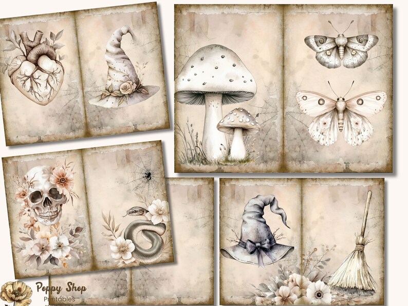Peut inclure: Un ensemble de six papiers num&eacute;riques imprimables avec des illustrations de style vintage d'un chapeau de sorci&egrave;re, d'un c&oelig;ur, d'un cr&acirc;ne, d'un serpent, de champignons et de papillons. Les papiers ont un aspect vieilli et d&eacute;t&eacute;rior&eacute; et sont parfaits pour le scrapbooking, la fabrication de cartes et autres projets d'artisanat.