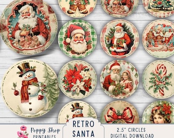 Retro Santa Circle Tags Gift Labels 2.5 inches, DIY, Christmas, Tag, Labels, Vintage, Collage Sheet, Santa Claus, Stickers, Digital Download