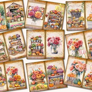 May include: A collage of watercolor illustrations featuring floral arrangements, pumpkins, and flower stands. The images showcase various blooms in shades of orange, pink, and yellow, with the word "BLOOM" on one. The overall theme is autumnal and rustic.
