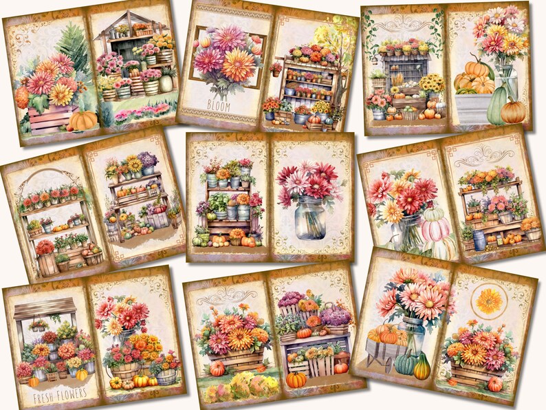 May include: A collage of watercolor illustrations featuring floral arrangements, pumpkins, and flower stands. The images showcase various blooms in shades of orange, pink, and yellow, with the word "BLOOM" on one. The overall theme is autumnal and rustic.