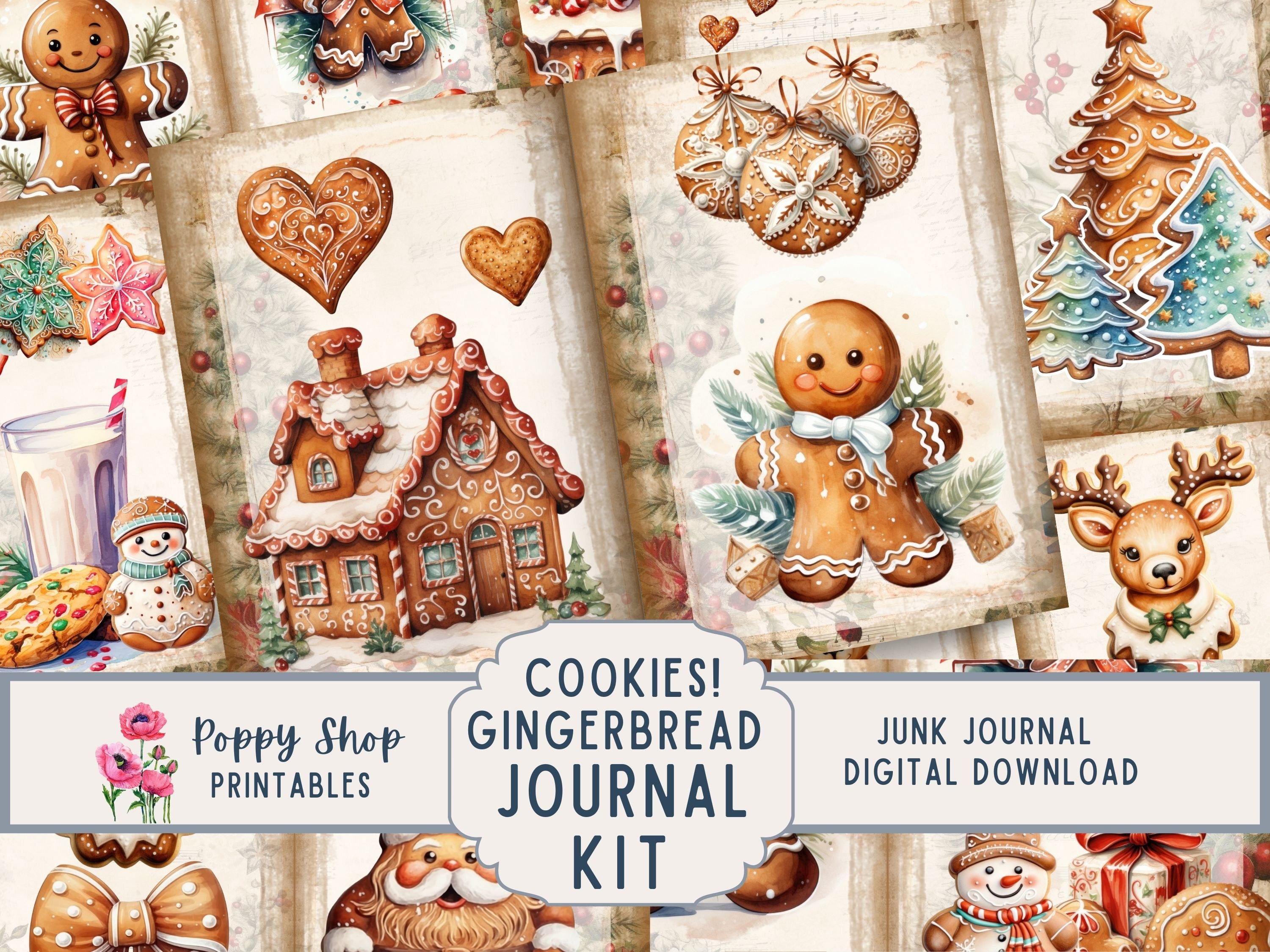 Gingerbread Junk Journal Kit, Christmas Junk Journal, Vintage, Gingerbread, Boy, Cookie, Printable,  Ephemera, Journal Pages, Download, Cute
