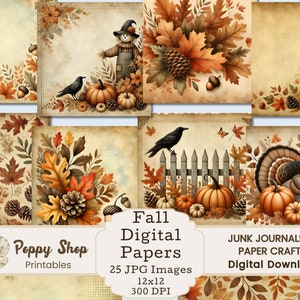 Fall Backgrounds Digital, Autumn Digital Papers, Vintage Fall Papers, Foliage, Pumpkins, Thanksgiving, Journal Paper, Cardmaking, Scrapbooks