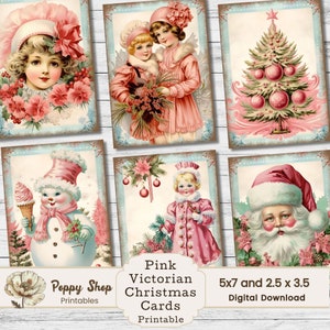 Victorian Christmas Cards, Pink Victorian Christmas, Christmas Picture Collage, ATC, Printable Cards, Decoupage, Ephemera, Journal Cards