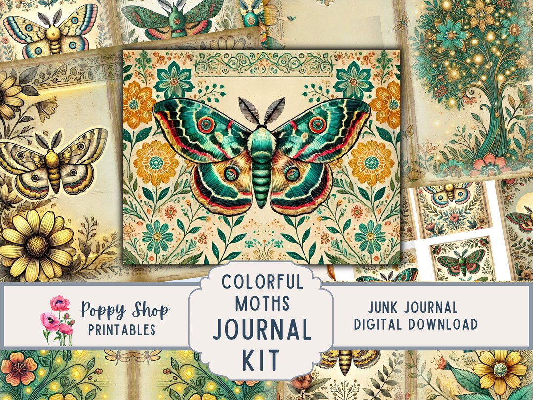 Moth Journal Moth Junk Journal Kit, Floral, Journal Pages, Printable Lunar Moth ...