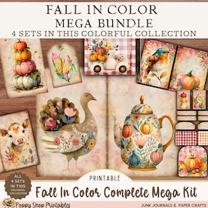 Puede incluir: Una colección de diseños imprimibles con temática otoñal, que incluyen un pavo, calabazas, una vaca y una tetera. El texto dice "Fall in Color Mega Bundle" y "Fall in Color Complete Mega Kit". Los diseños son coloridos y adecuados para diarios basura y manualidades en papel.