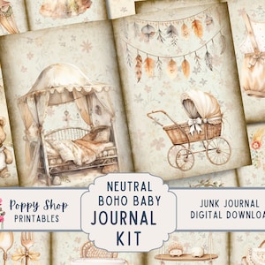 Boho Baby Junk Journal Kit, neutrale baby, afdrukbaar, boho, babyboek, babyjournaal, vintage baby, plakboek, babyaandenken, direct downloaden