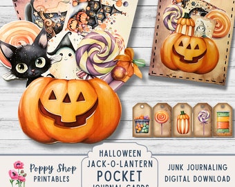 May include: Printable Halloween junk journal cards featuring a jack-o-lantern with candy, a ghost, a black cat, and a witch's hat. The cards are designed to be used for scrapbooking, card making, and other paper crafts.