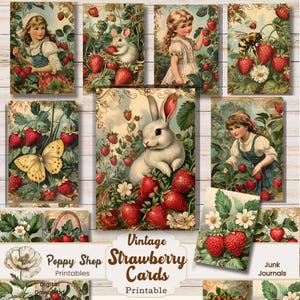 Cartes journal aux fraises, cartes ATC, fraises éphémères, journal indésirable, fraise vintage, découpage, collage, ATC, cartes numériques ACEO