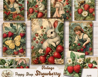 Vintage Strawberry ATC Journal Cards, Junk Journal Ephemera instant Download