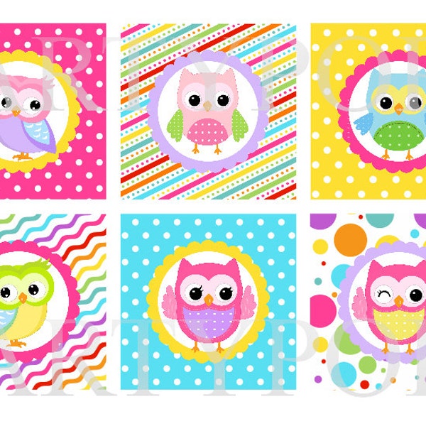 DIY  Digital Owl Birthday Printable Cupcake Toppers 2" circles Party Decoration, Pink, Yellow, Aqua,  INSTANT DOWNLOAD