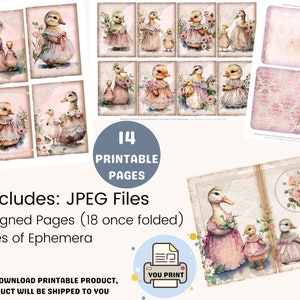 Ducks Junk Journal Kit, Vintage, Ducks in Dresses, Journal Pages, Junk Journal, Shabby, Ducks Ephemera, Cute, Printable, Scrapbook, Download image 4