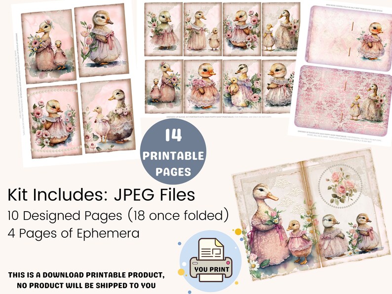Ducks Junk Journal Kit, Vintage, Ducks in Dresses, Journal Pages, Junk Journal, Shabby, Ducks Ephemera, Cute, Printable, Scrapbook, Download image 4