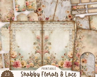 Shabby Chic Junk Journal Kit, Vintage Floral Printable Paper & Ephemera, Lace Backgrounds, Tags Envelopes Pockets, Digital Paper Download