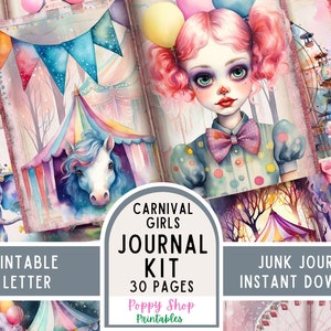 Kit de carnet de bordel de carnaval, Cirque, Filles du carnaval, Fantastique, Pages de journal intime, Éphémères du carnaval, Imprimable, Créations en papier, Scrapbooking, Télécharger