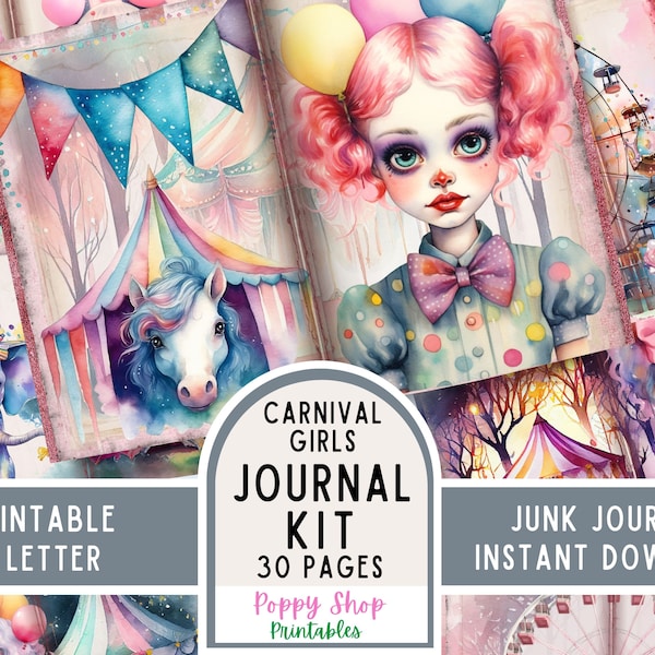 Carnival Junk Journal Kit, Circus, Carnival Girls, Whimsical, Journal Pages, Carnival Ephemera, Printable, Paper Craft, Scrapbook, Download