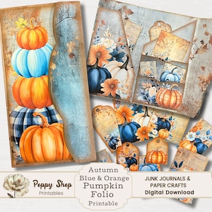 May include: Digital printable set of autumn themed papers featuring blue and orange pumpkins, flowers, and fall foliage. The set includes a large folio, tags, and smaller papers for junk journals and paper crafts. "Autumn Blue & Orange Pumpkin Folio Printable" and "Junk Journals & Paper Crafts Digital Download" are written on the image.