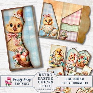 Retro Easter Junk Journal afdrukbaar folio, opvouwbare zakmap, retro chics, folio, vintage, kortstondige dagboek, afdrukbaar, Digi Download