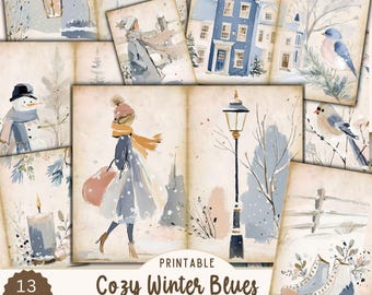 Cozy Winter Blues Junk Journal Pages Kit, Snowmen Cottages and Nature, Printable Instant Download