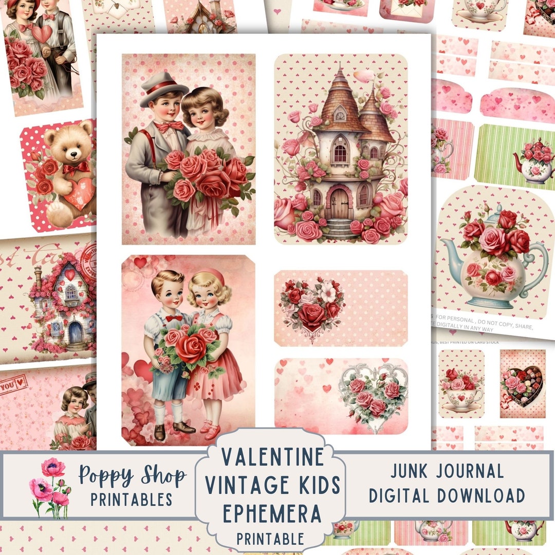 Valentine Ephemera, Retro, Vintage, Valentine, Kids, Junk Journal Kit