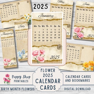 Cartes de calendrier 2025, fleur du mois de naissance, calendrier mensuel, marque-page, imprimable. Neutre, journal indésirable, encarts d'agenda, éphémères, numérique