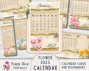 2025 Calendar Cards, Birth Month Flower, Monthly Calendar, Bookmark, Printable. Neutral, Junk Journal, Planner Inserts, Ephemera, Digital
