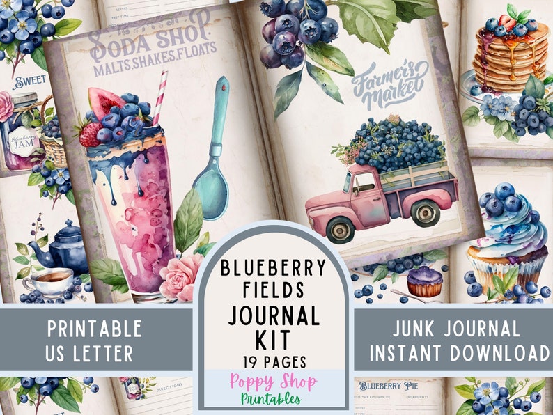 Blueberry Junk Journal Pages and Ephemera Kit, Printable Craft Digital ...
