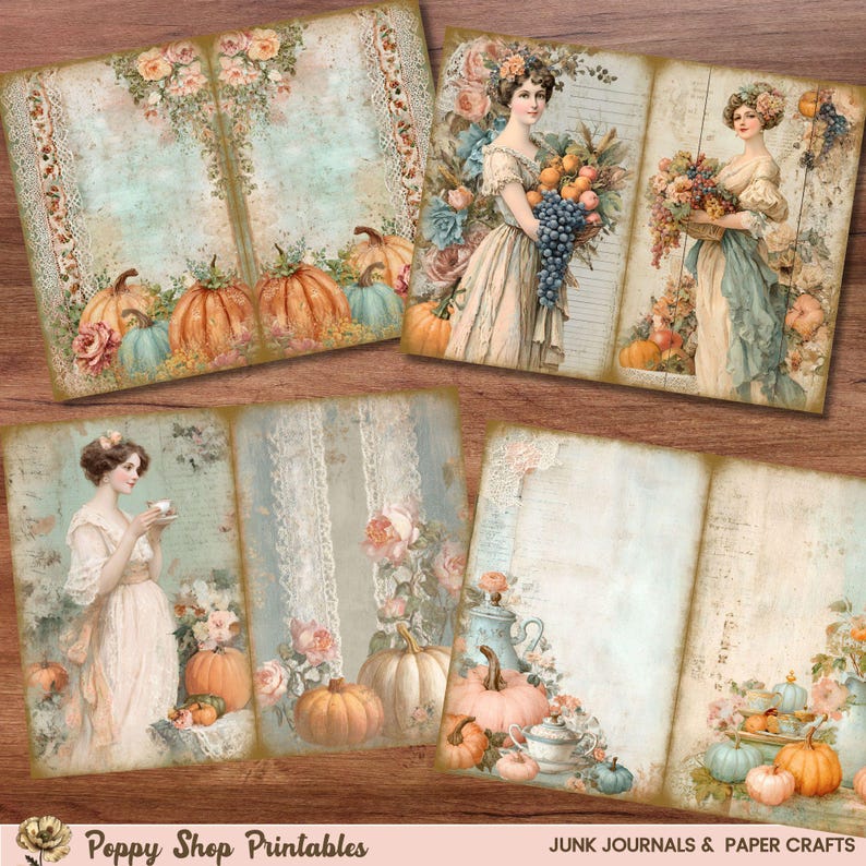 Shabby Chic Fall Junk Journal Pages, Vintage Autumn Florals & Pumpkins ...