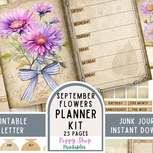 May include: Printable September Flowers Planner Kit with 23 pages. The planner features a watercolor illustration of purple and pink aster flowers with a blue ribbon bow. The planner includes pages for daily, weekly, and monthly planning, as well as pages for birthdays, anniversaries, and other special occasions.